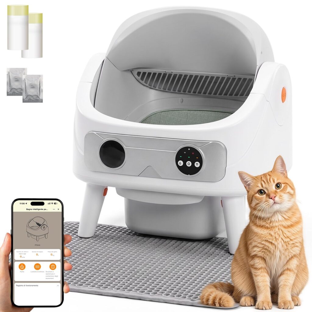 AMIPOW Lettiera Gatto Autopulente Aperta 80L & 11L, Controllo Tramite App | Lettiera Autopulente per Gatti con Cestino da 11L, Tappetino per lettiera, Sacchetti specifici per rifi…