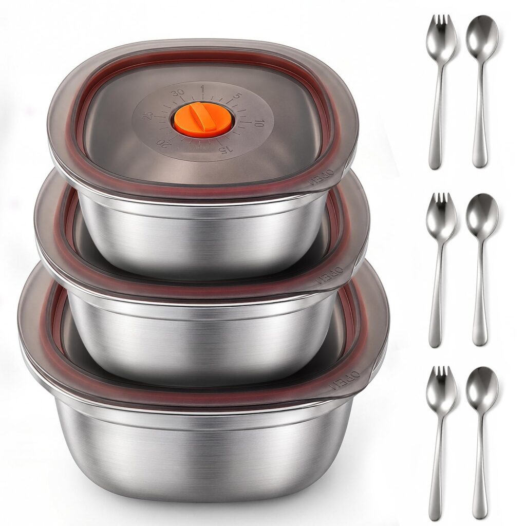 AVENHO Contenitori per Alimenti con Datario, 3 Pezzi (1500ml, 2000ml, 2500ml), 304 Acciaio Inox, Coperchio Ermetico, Lavabile in Lavastoviglie, Ideale per Pranzo, Picnic e Palestra