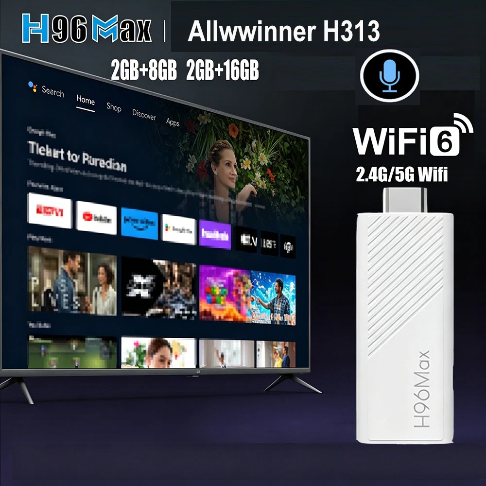 H96 MAX Android TV Stick Allwinner H313 con Wifi 2.4G 5G Wifi6 Doppia marca 8GB 16GB 4K 3D HDR Goole Telecomando vocale DC 5V 2A