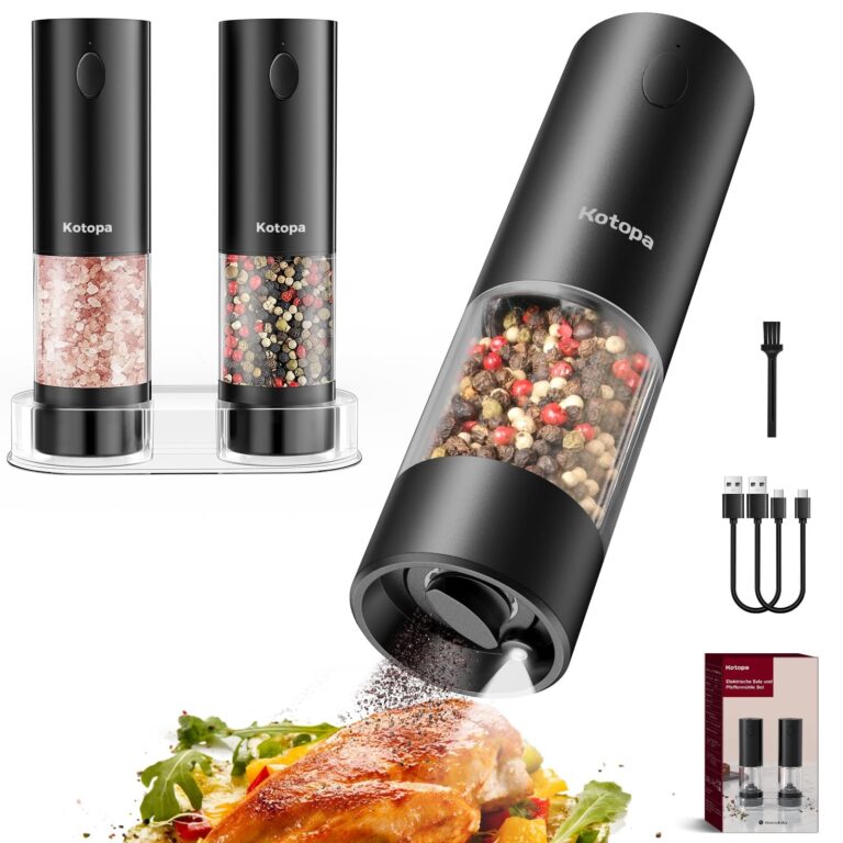 Kotopa Macina Sale e Pepe Elettrico Ricaricabile Macinapepe Elettrico | Macinino in Ceramica a 5 Livelli Regolabile, Base, Luci LED, 100mL - Set da 2 Nero