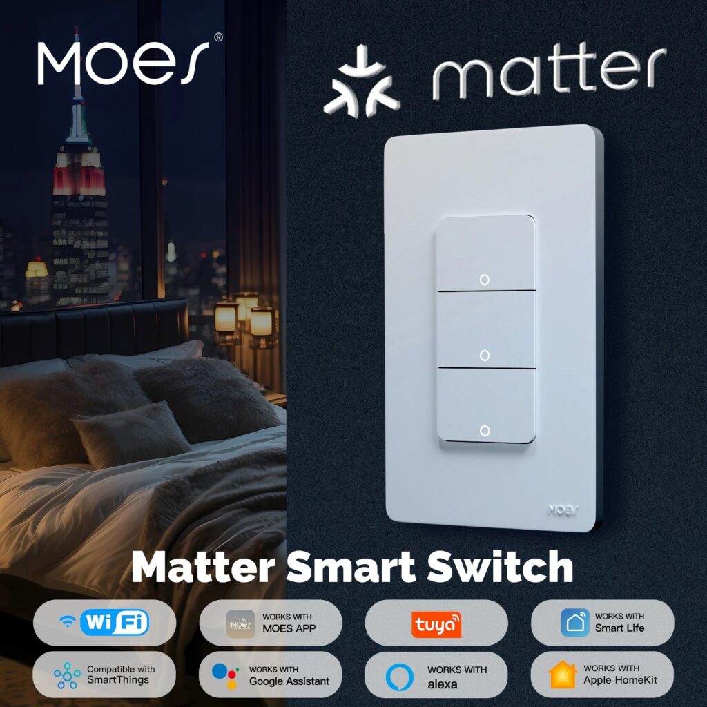 MOES WiFi Matter Switch Smart Tuya Pulsante luce Filo neutro richiesto Controllo app Design di messa a terra Alexa Google Home Apple Home