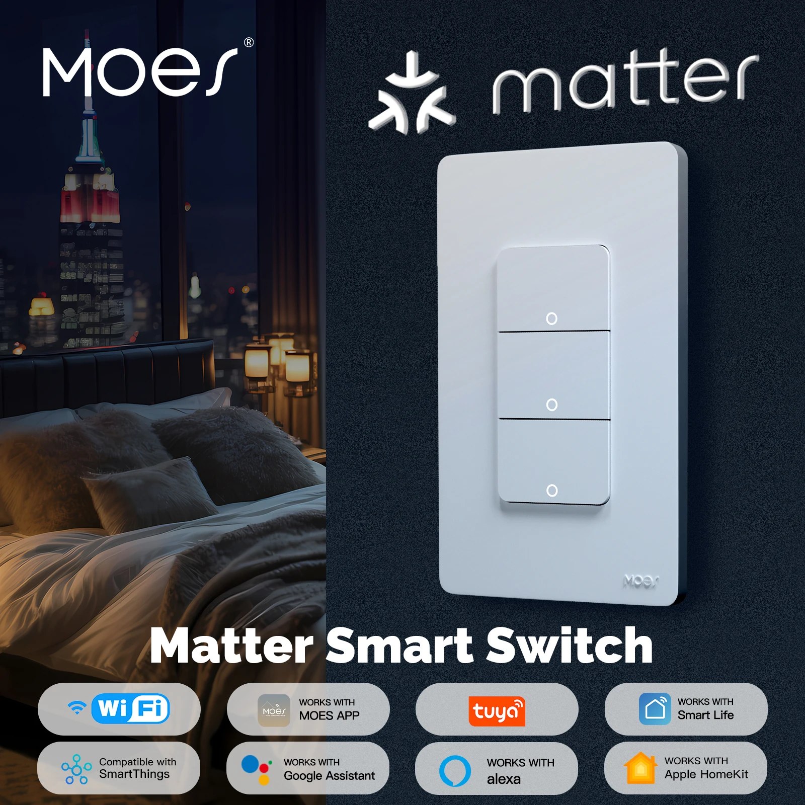 MOES WiFi Matter Switch Smart Tuya Pulsante luce Filo neutro richiesto Controllo app Design di messa a terra Alexa Google Home Apple Home