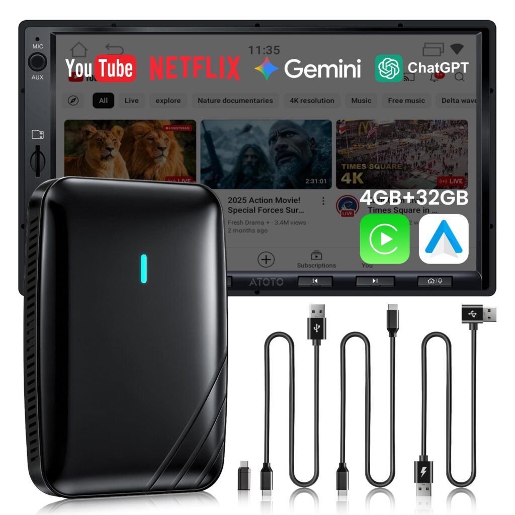 Adattatore CarPlay Wireless Android Auto, 4GB+32GB AI Box 3 in 1 per Cavo OEM CP/AA, Doppio WiFi e Hub Bluetooth IoT, AI Box CarPlay per Netflix/YouTube/TikTok/TF Scheda, DriveCha…