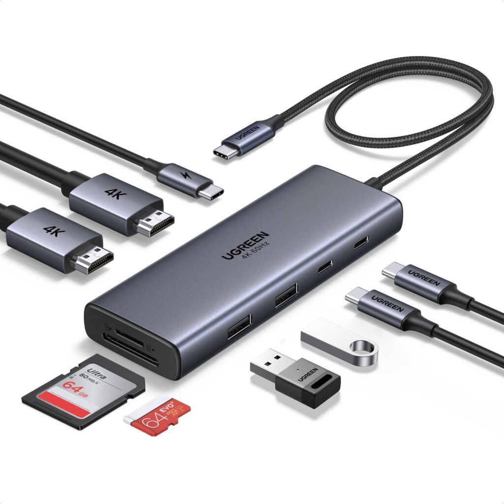 UGREEN Revodok Pro Hub USB C Docking Station 9 in 1 Doppio Display | 2 HDMI 4K60Hz, Lettore SD TF 170MBs, Porti Dati USB 5Gbps, 2A2C, Ricarica PD 100W, Compatibile con Windows Mac…