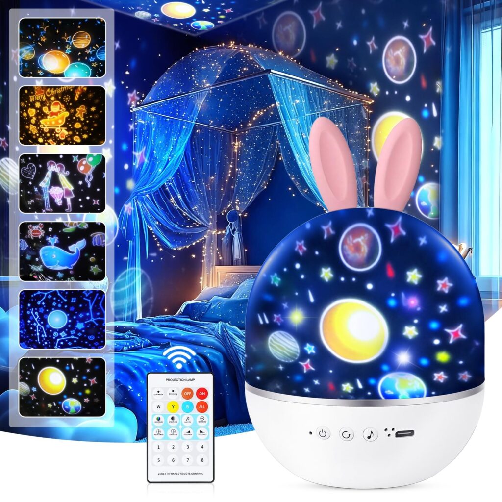 URAQT Proiettore Stelle Soffitto Bambini, 6 Film e 8 Carillon Neonati | Ricaricabile+Telecomando Luce Notturna Bambini, Rotazione 360° e Timer, Regalo Neonato Bambina anni, Proiet…