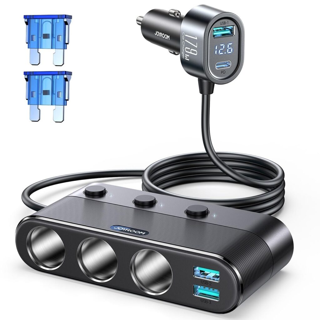 【7 IN 1】JOYROOM 179W Sdoppiatore Presa Accendisigari per Auto,【PD30W & 3 Porte USB】Caricabatteria Auto USB C con Cavo 1m, 12V/24V Car Charger con voltmetro a LED, Splitter Multipl…