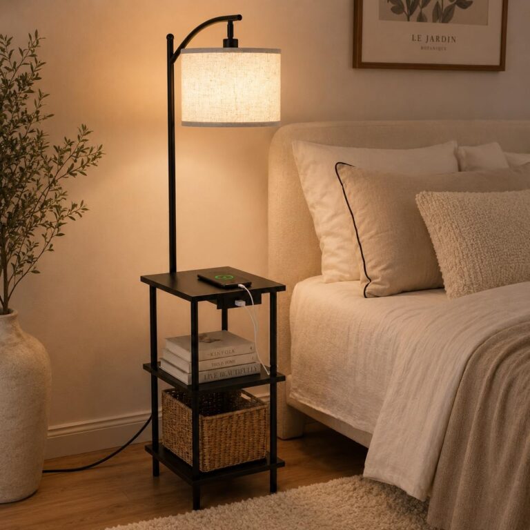 LuminexDesigns Lampada da Terra con Mensole e Stazione di Ricarica | Vintage Nocciola Piantana con Retrò 3 Legno Livelli di Rangement, Testa Orientabile, per Soggiorno, Camera da…