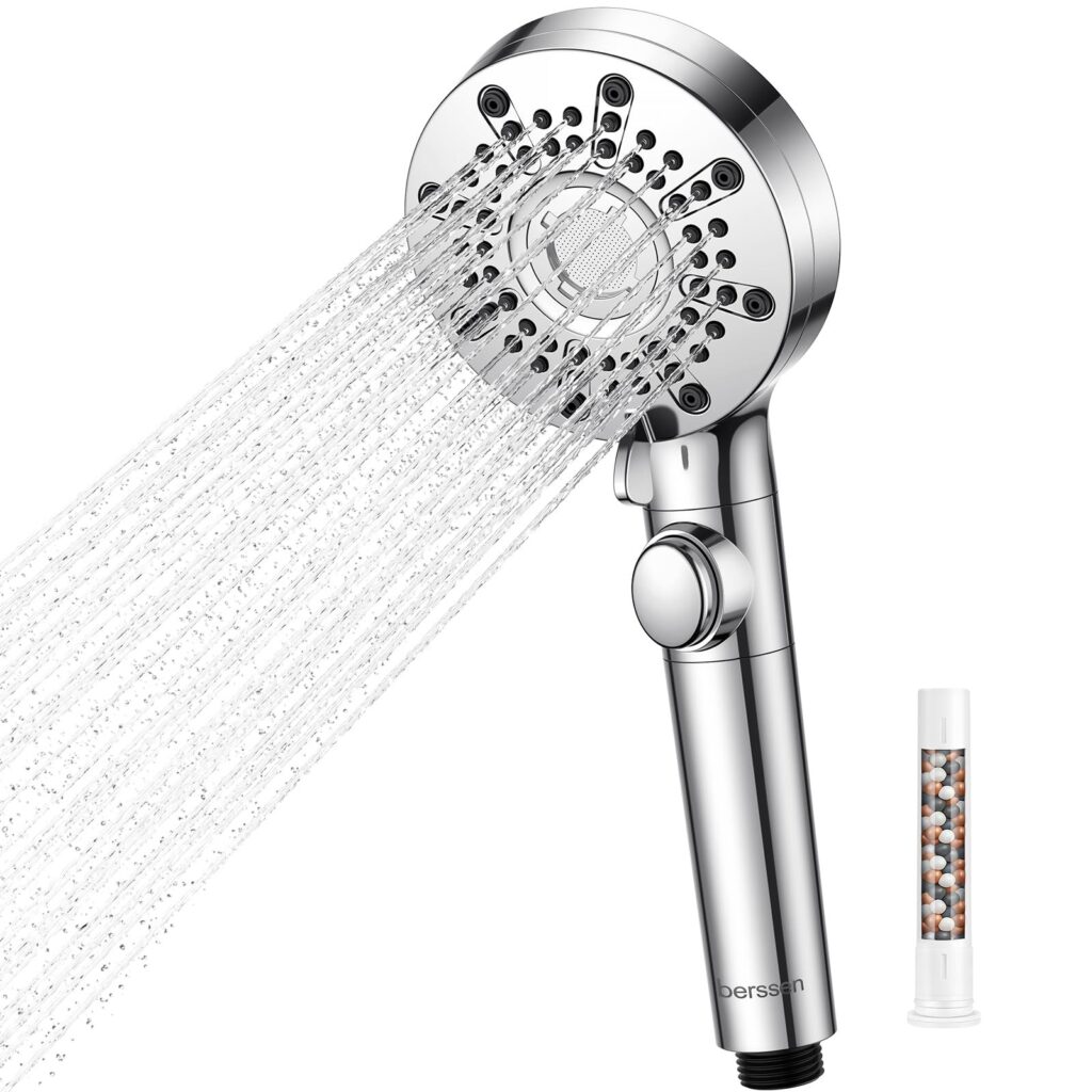 berssen Soffione Doccia con Filtro Doccino per Doccia | 5+1 Modalità di Spruzzo, Pressurizzato Doccino per Doccia con Modalità pistola ad acqua, Pulsante Stop