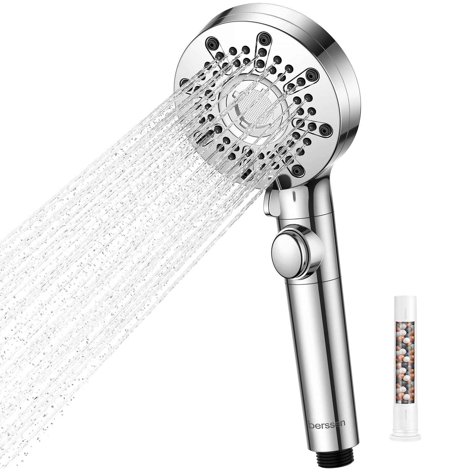 berssen Soffione Doccia con Filtro Doccino per Doccia | 5+1 Modalità di Spruzzo, Pressurizzato Doccino per Doccia con Modalità pistola ad acqua, Pulsante Stop