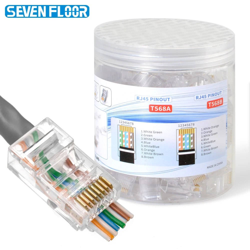 100 connettori RJ45 Cat6 Pass Through, plug modulari RJ45 con foro da 1,1 mm per cavi UTP solidi o a trefoli