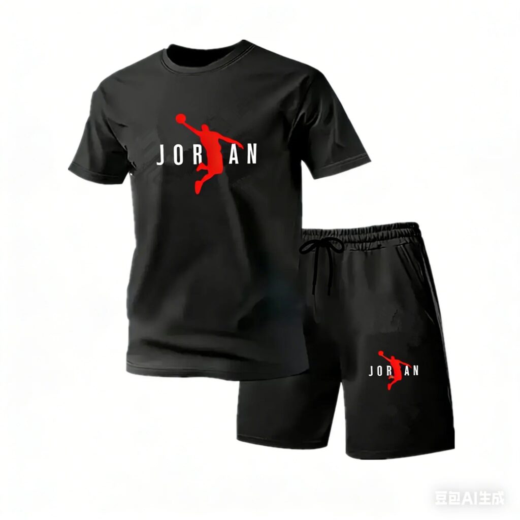 Nuovo Completo Estivo da Uomo Stile Jordan, 2 Pezzi, T-Shirt Nera a Maniche Corte e Pantaloncini, Tuta Sportiva Casual, Taglie Forti S-4XL