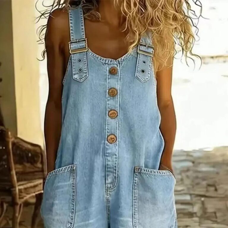 Salopette Corta Estiva in Denim da Donna con Bottoni Frontali, Gamba Larga, Vestibilità Ampia, Bretelle Regolabili, Stile Baggy