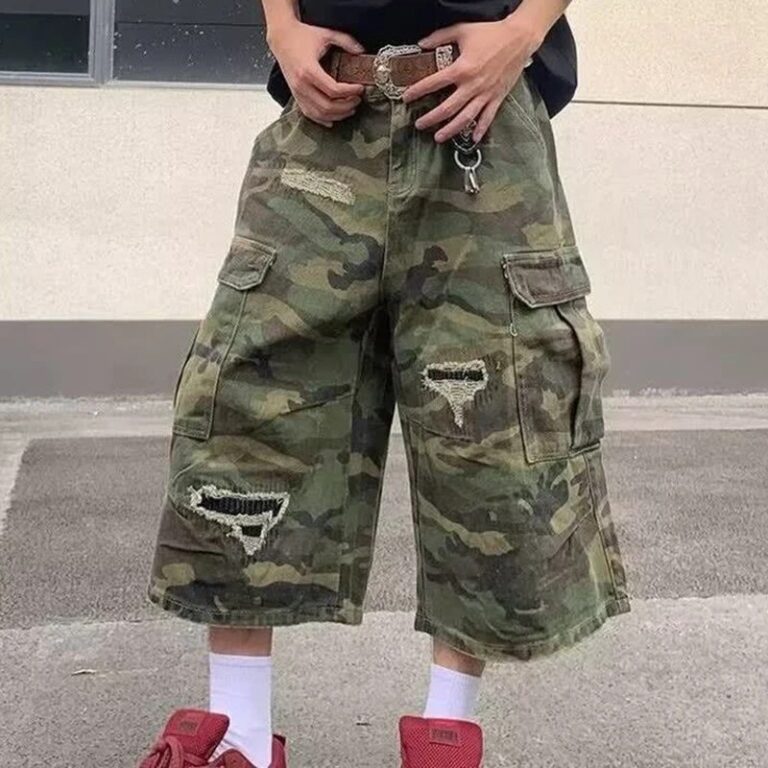 Pantaloncini Cargo in Denim Camouflage da Uomo 2025, Gamba Dritta Distressed, Casual, Lunghezza Sette Pollici, Stile Y2K Streetwear Vintage, Vestibilità Larga, Moda Estiva