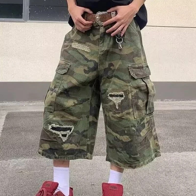 Pantaloncini Cargo in Denim Camouflage da Uomo 2025, Gamba Dritta Distressed, Casual, Lunghezza Sette Pollici, Stile Y2K Streetwear Vintage, Vestibilità Larga, Moda Estiva