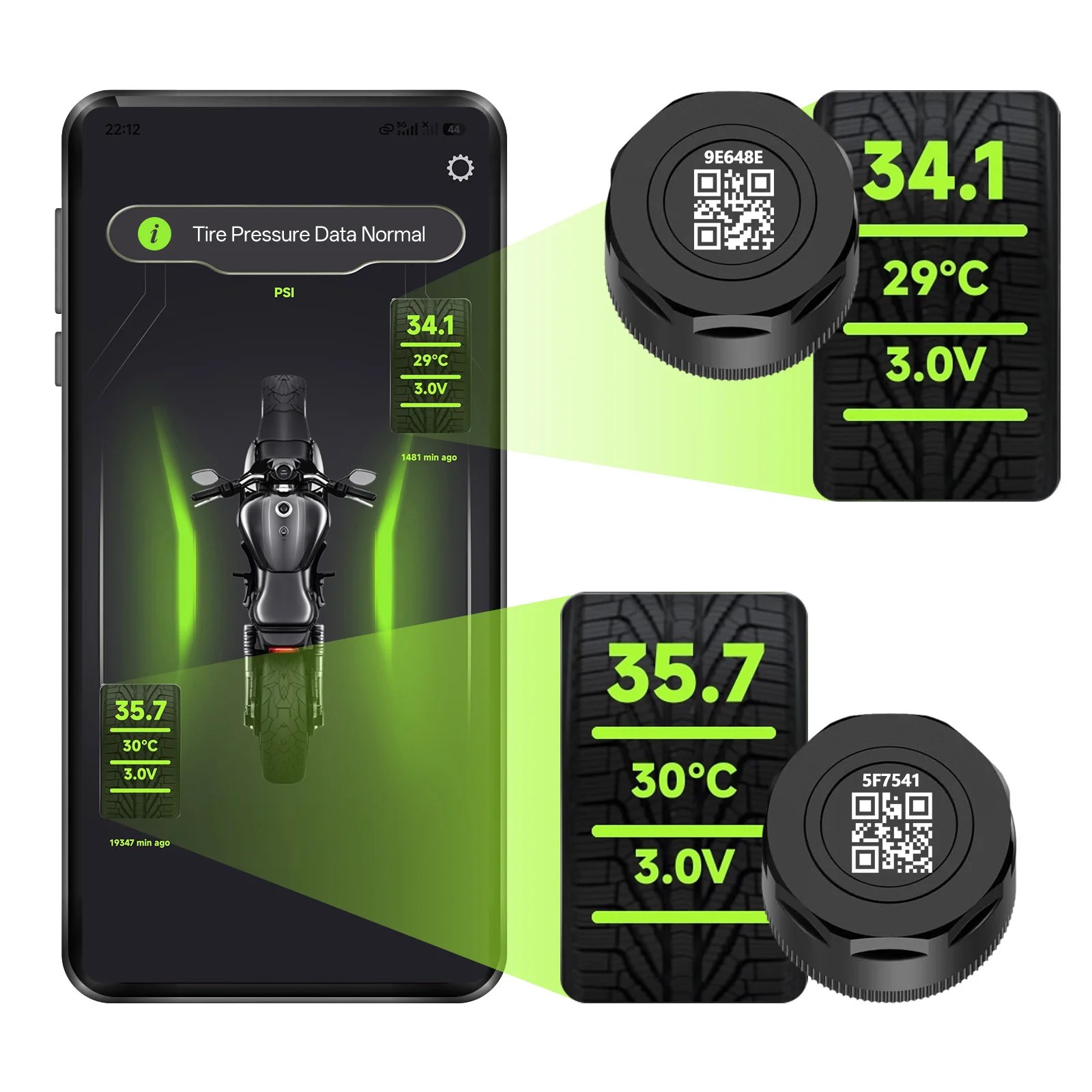 TPMS per Moto, Connessione Bluetooth 5.0 Wireless con App per Smartphone, Display in Tempo Reale della Pressione e Temperatura degli Pneumatici con Allarme, IP67