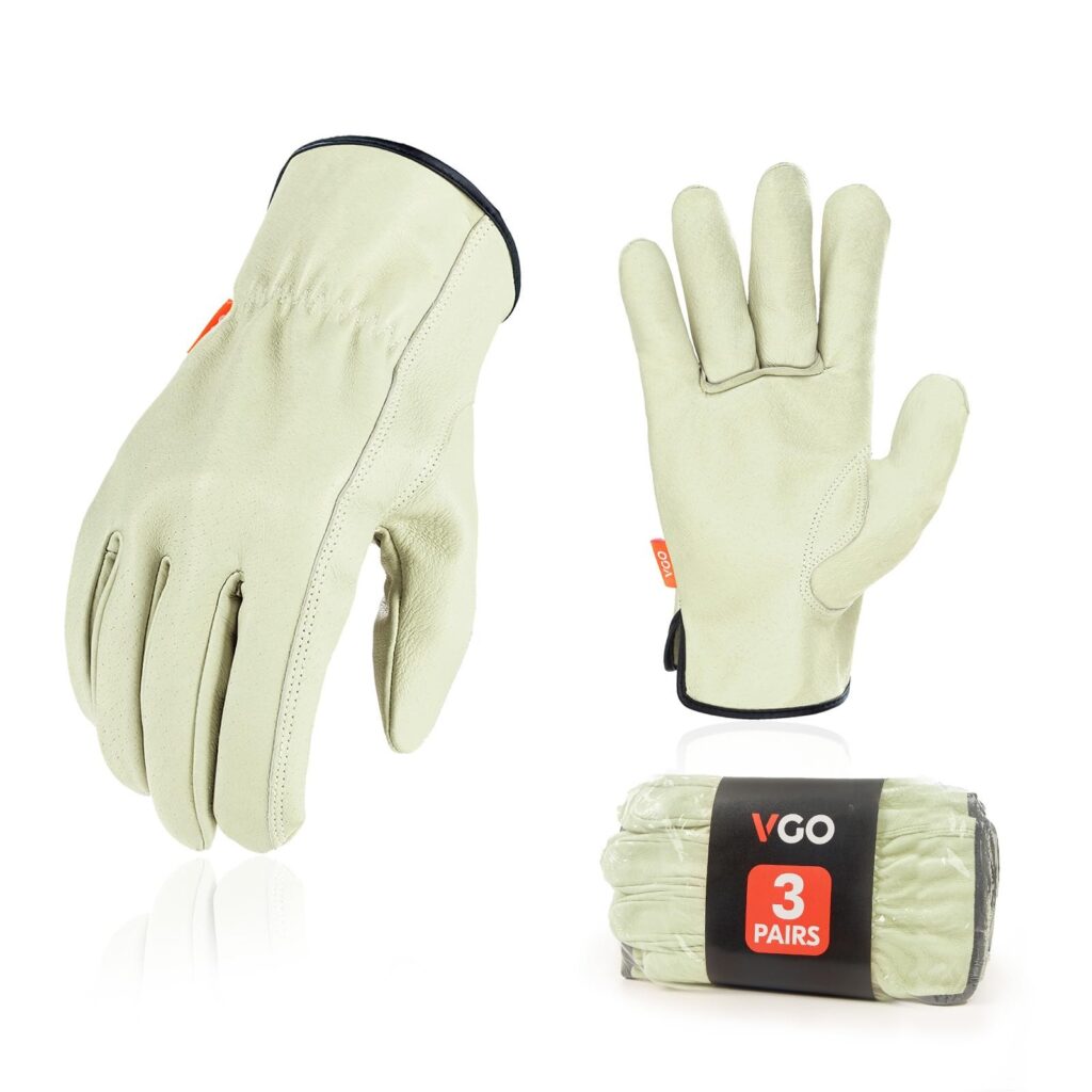 Vgo... 3 paia Guanti da Lavoro Uomo in Pelle di Maiale, Guanti Protettivi Sicurezza per Officina Lavoro Magazzino Edilizia, PA9501 (Taglia 8/M, Bianco, 3 paia)
