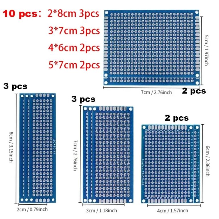Kit scheda prototipo PCB universale 10 pezzi, 4 dimensioni bifacciali blu FR4 passo 2,54 mm per saldatura elettronica Arduino fai da te