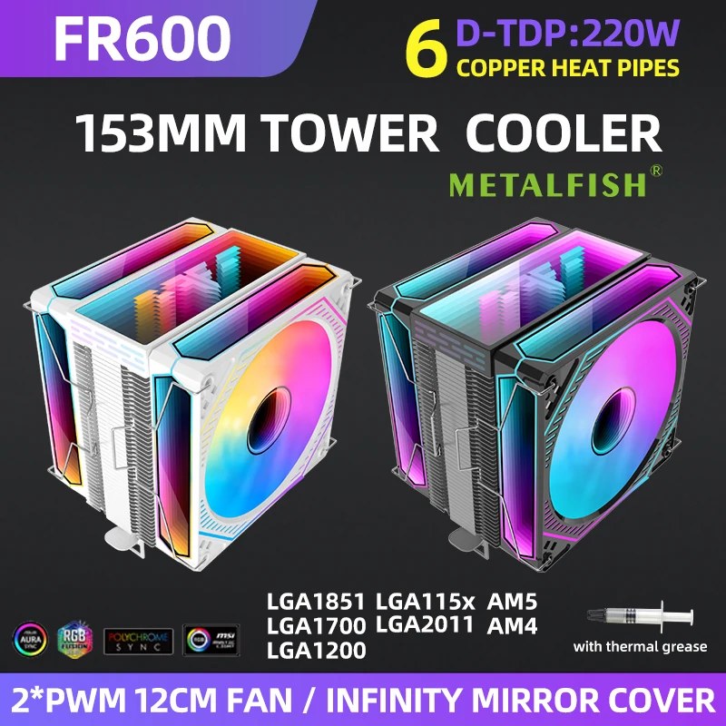 Metalfish CPU Air Cooler 4 6 Heat Pipe PC Radiatore di raffreddamento ARGB PWM Ventola da 12 cm per 1851/1700/1200/115X/AM5/AM4/2011/X79/X99