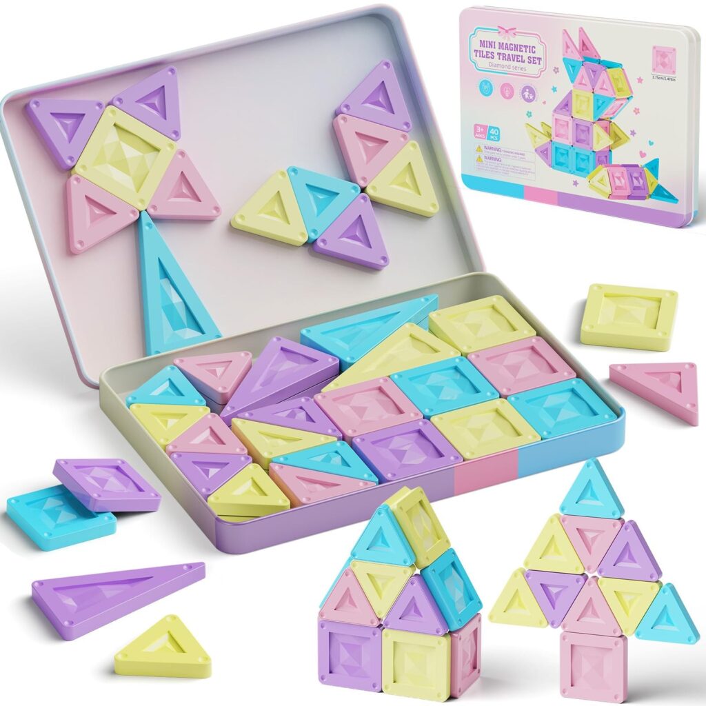 YOGOHEE Mattoncini magnetici da viaggio a partire dai 3 anni, 40 pezzi di mattoncini magnetici Montessori, giocattolo educativo con scatola di stagno portatile e piastra di gioco…