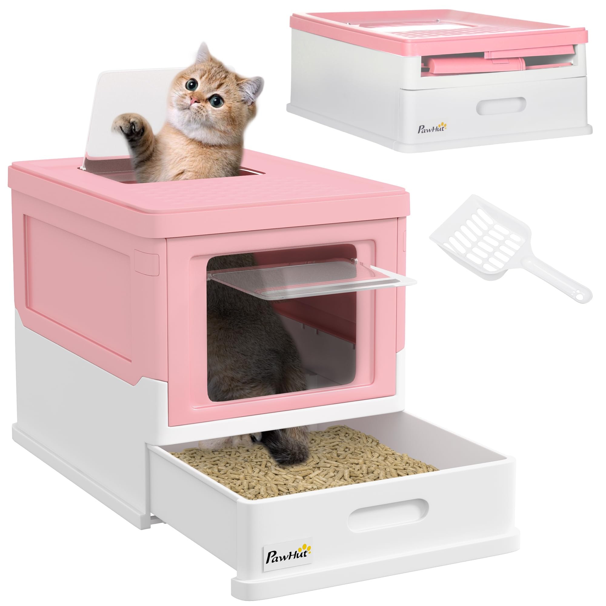 PawHut Lettiera per Gatti Chiusa Pieghevole 47.5x35.5x36.7 cm Rosa e Bianco | PP, Paletta Inclusa, Cassetta Igienica per Gatto, Vassoio Estraibile, 2 Porte
