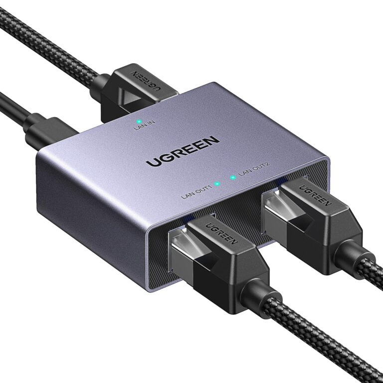 UGREEN Splitter Ethernet Gigabit da 1 a 2 Switch Lan 1000Mbps | Divisore di Internet, Trasmettitore di Rosso RJ45, con Cavo USB C, Compatibile con Hub, Televisori, Router, ADSL
