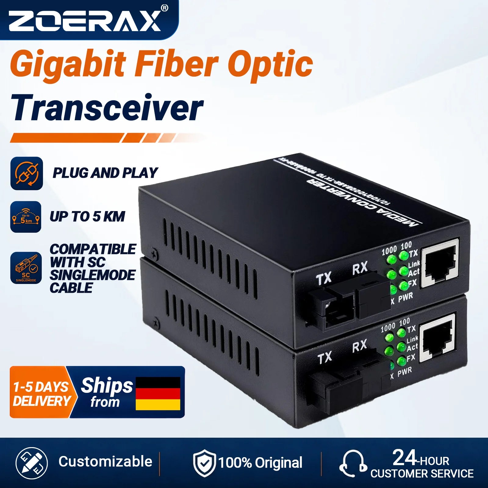 ZoeRax Coppia di Convertitori Media in Fibra Ottica SFP+ da SC Singlemode a Porta Gigabit RJ45 10/100/1000M, Ricetrasmettitore Ottico con Scocca Metallica