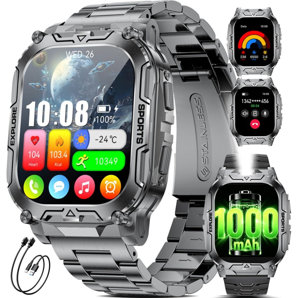 LIGE Smartwatch Uomo, 1000 mAh, Ampio Display HD da 2,01", Smartwatch Militare con Torcia LED, Chiamate Bluetooth, Frequenza Cardiaca e SpO2, 120+ Modalità Sportive, IP68, Android…