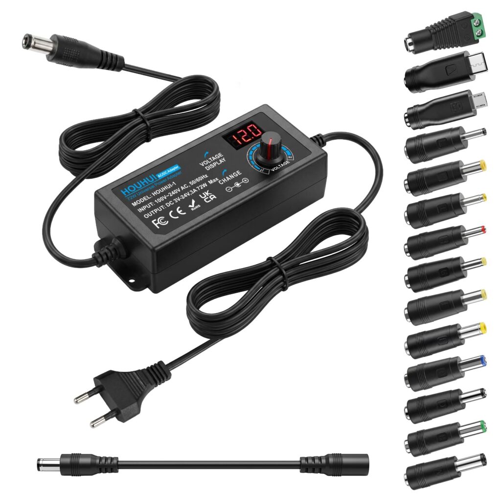 Alimentatore Universale, 3-24V Caricabatterie Universale, 3A, 72W Adattatore di Alimentazione Regolabile 100 V-240 V AC a DC con Indicatore di Tensione LED e 5,5 x 2,5 mm, 14 Cons…