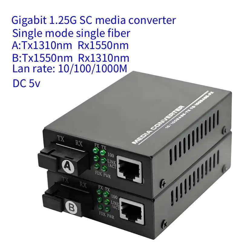 Convertitore Ottico Gigabit 1000Mbps con Porta SC a Fibra Singola e Alimentatore Esterno 3KM-20KM HTB-GS-03AB per Networking