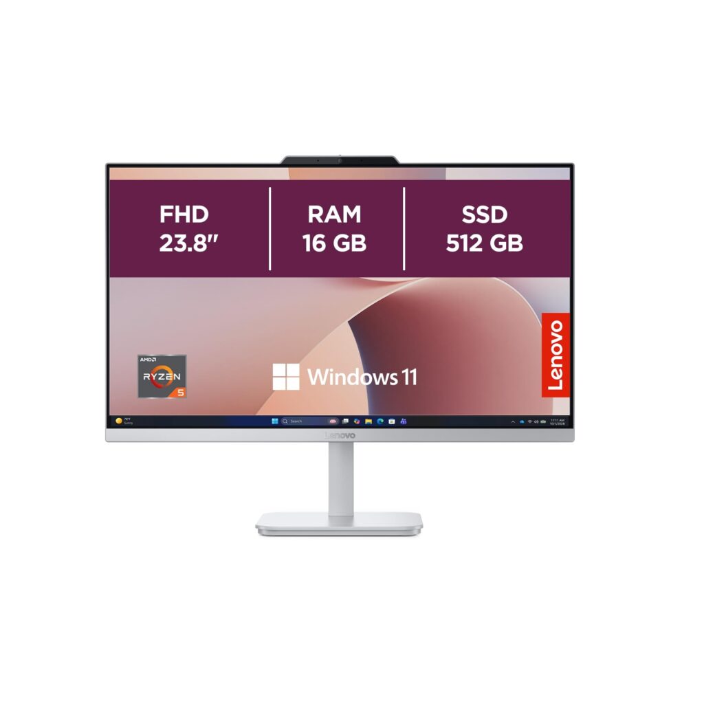 Lenovo A105 Computer desktop All-In-One, Display 24" FHD, AMD Ryzen 5 40, RAM 16GB, 512GB SSD, 2x Altoparlanti, Windows 11 Home, WIFI, Tastiera + Mouse USB inclusi - Cloud Grigio