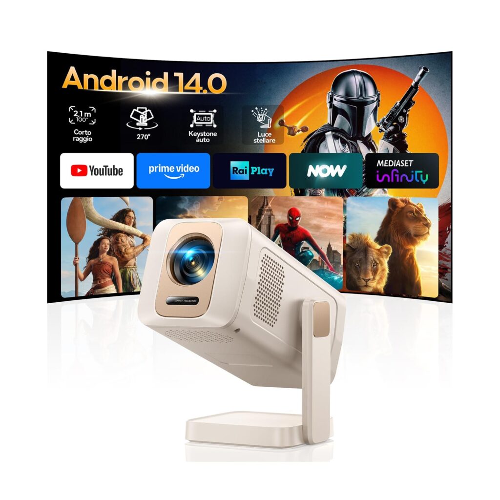 【App integrate】Mini Proiettore Portatile Tiro Corto Auto keystone Rotazione a 270°, Videoproiettore controllo vocale/phone, WiFi 6 Two-Way BTH 5.4, WiMiUS Projector supporto 4K 10…