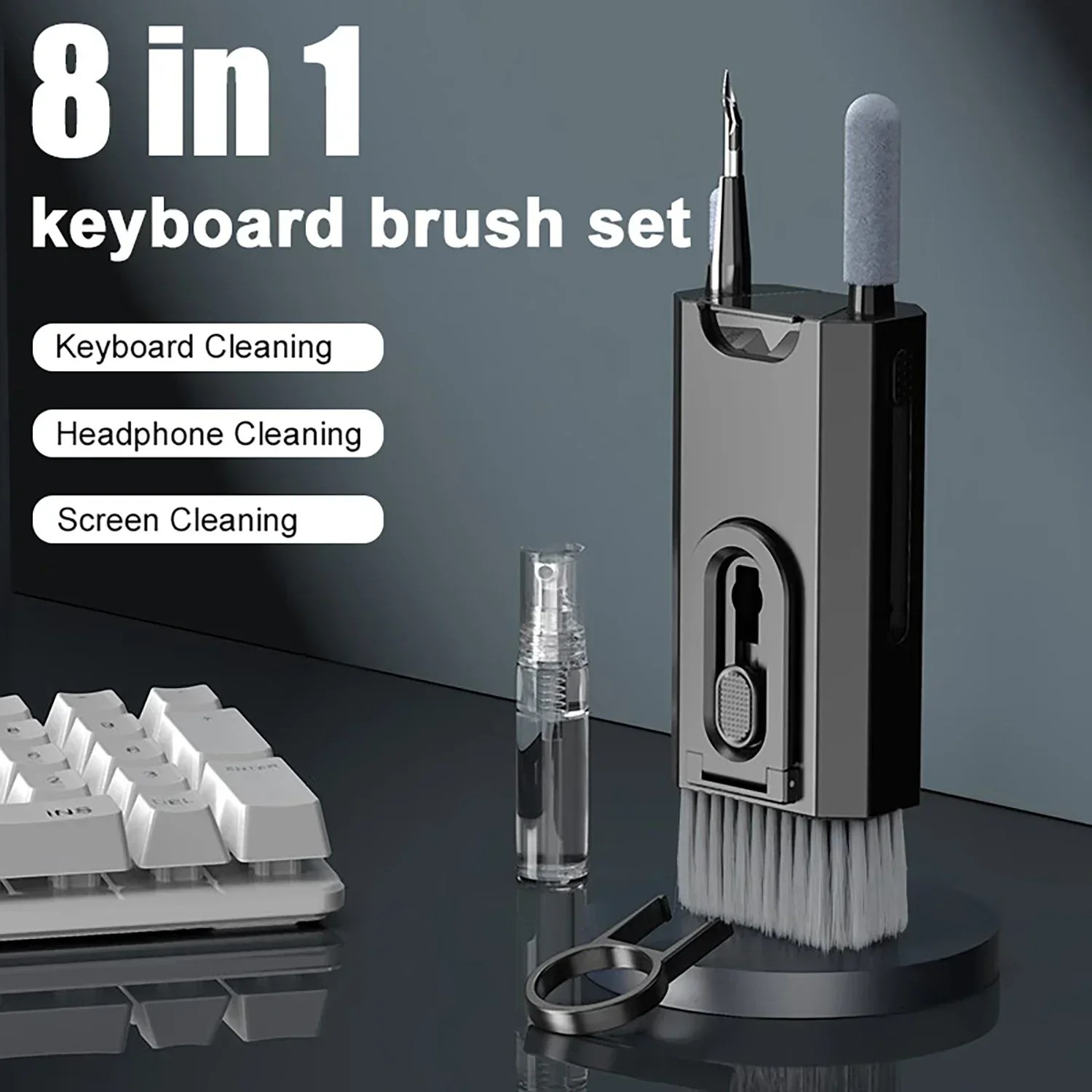 8 in 1 Kit di pulizia Pulitore per tastiera del computer Spazzola Auricolari Penna di pulizia per auricolare IPad Strumenti per la pulizia del telefono Estrattore per copritasti