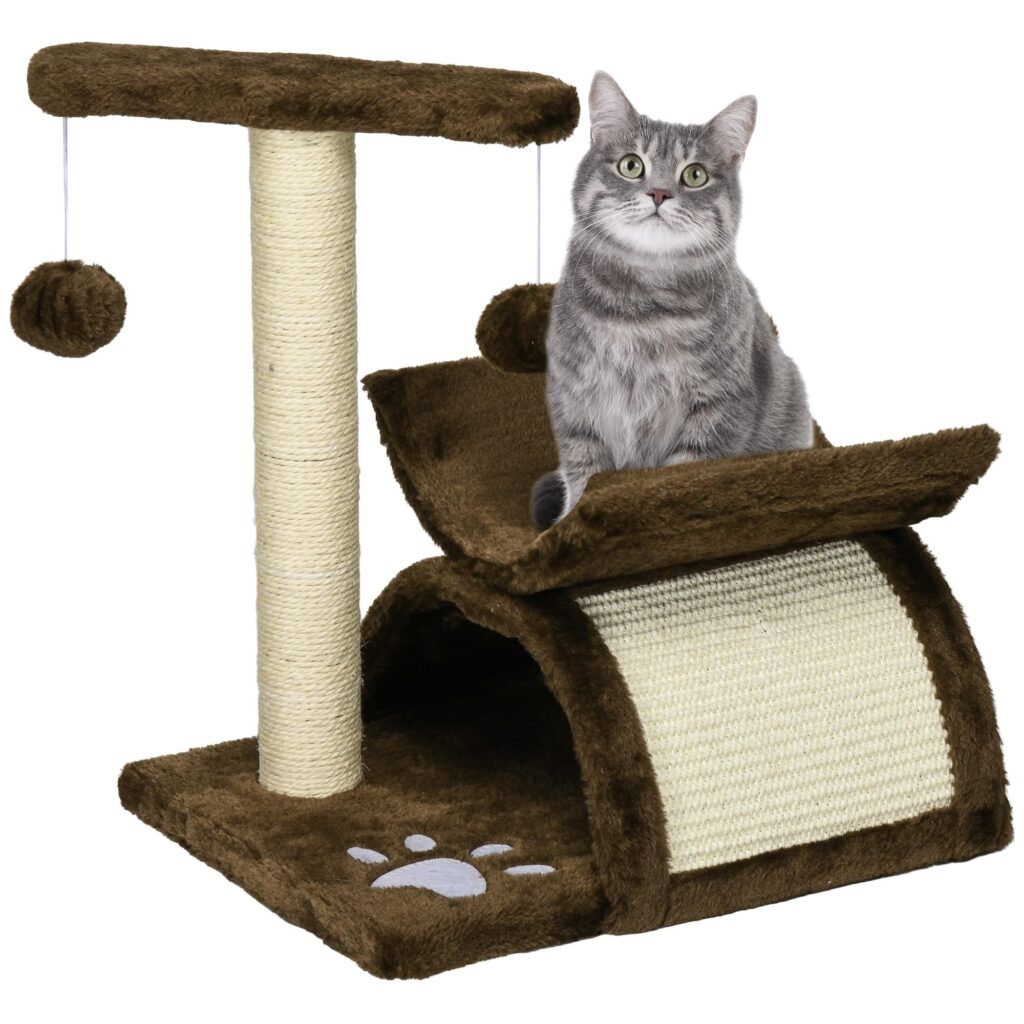PawHut Tiragraffi Gatto Albero Tira Graffi Gioco Giocattolo per Gatti con Cuccia 2 Palline Appese in Sisal Naturale Altezza 43cm