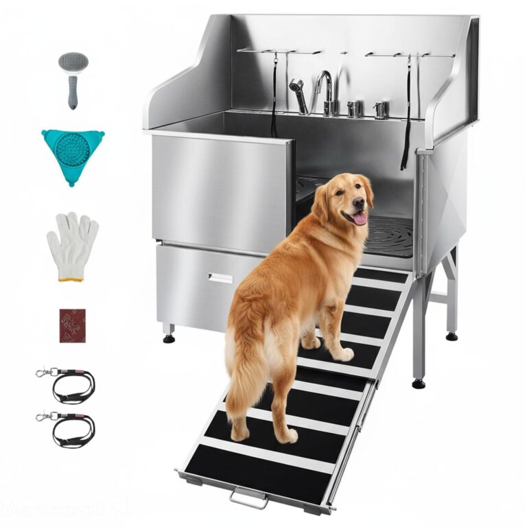 VEVOR Stazione di Lavaggio per Cani in Acciaio Inox, Vasca per Toelettatura per Animali Domestici di Grandi, Medie e Piccole Dimensioni da 154,94 cm con Rampa, Pannello Filtro Acq…