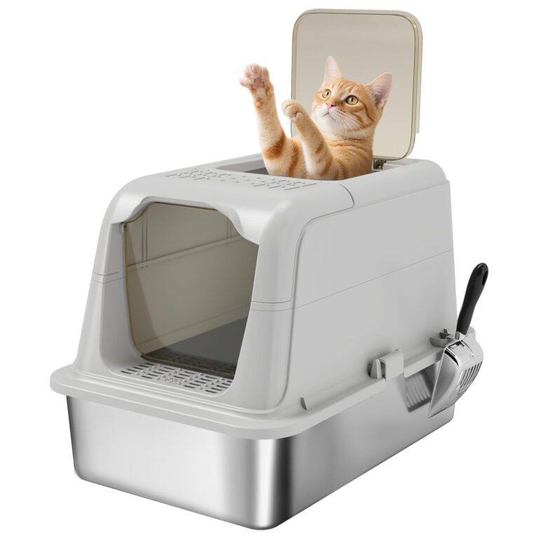 PawHut Lettiera per Gatti Chiusa 2 Ingressi 60.4x40.4x41.8 cm Grigio Chiaro | Toilette per Gatti Grandi, Entrata Frontale e Uscita Superiore, Paletta, Sacchetto Deodorante, Facile…