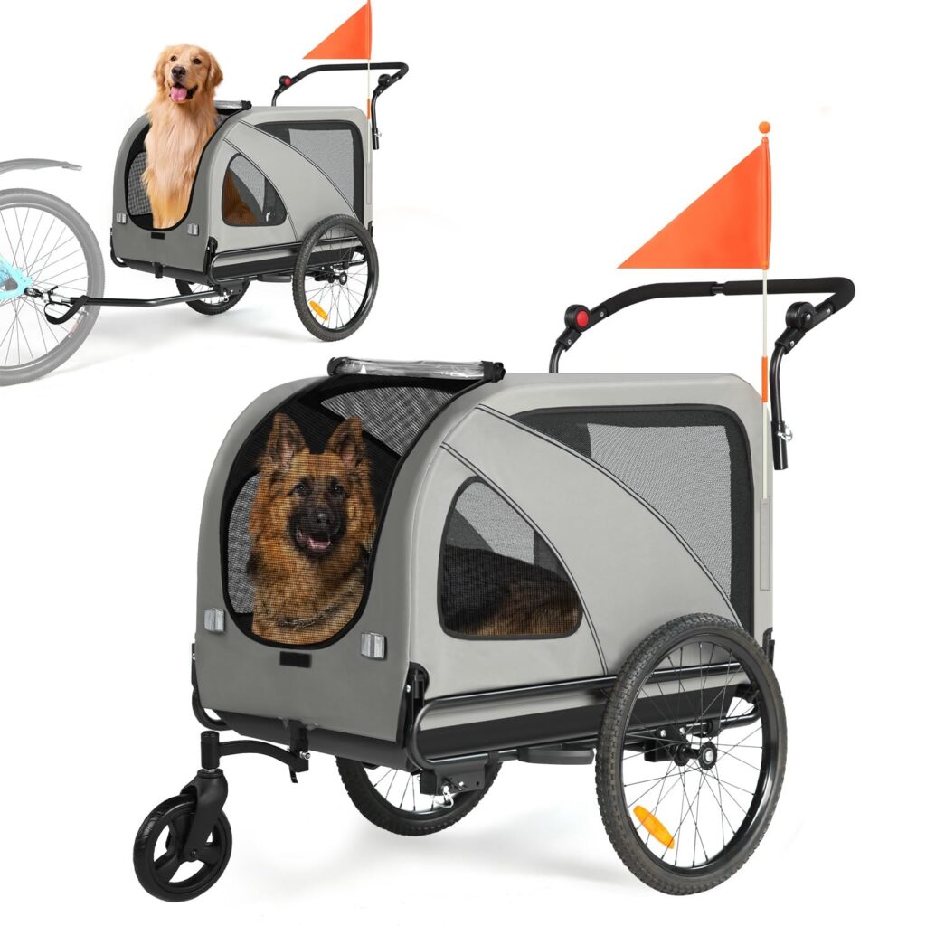 Fiximaster Rimorchio per bicicletta XXL 2 in 1 per cani, pieghevole, con apertura sul tetto, riflettori e strisce riflettenti, attacco universale per bicicletta, manico regolabile…