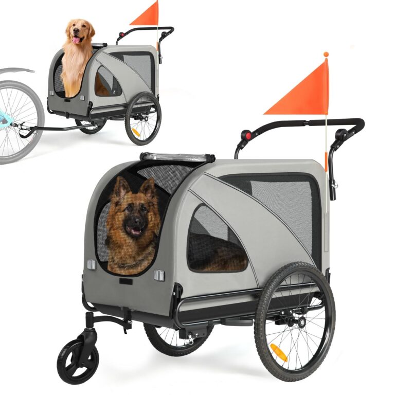 Fiximaster Rimorchio per bicicletta XXL 2 in 1 per cani, pieghevole, con apertura sul tetto, riflettori e strisce riflettenti, attacco universale per bicicletta, manico regolabile…