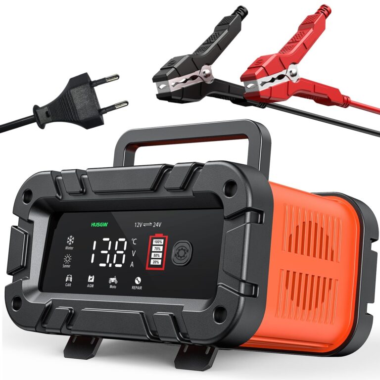 10A Caricabatterie da Auto e Mantenitore 12V/24V Multi Protezioni | Intelligente Schermo LED, Completamente Automatico, per Moto, Barche
