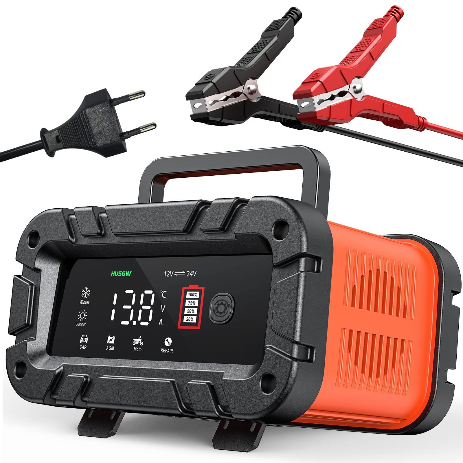 10A Caricabatterie da Auto e Mantenitore 12V/24V Multi Protezioni | Intelligente Schermo LED, Completamente Automatico, per Moto, Barche
