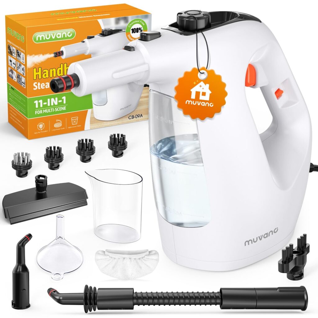Muvano Pulitore a Vapore Portatile, Istantaneo da 10s, Pulitore a Vapore Multiuso Pressurizzato da 450ml, con 11 Accessori, Pulitore Multiuso per Cucina, Bagno, Piastrelle