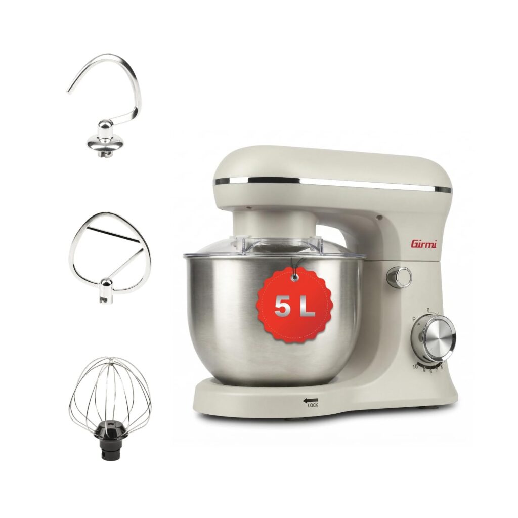 Girmi IM21W Impastatrice Planetaria 5L, 1500W Max, 10 Velocità+Pulse, Gesso | Ciotola inox e 10 velocità per lavorare impasti, creme e composti nelle preparazioni quotidiane