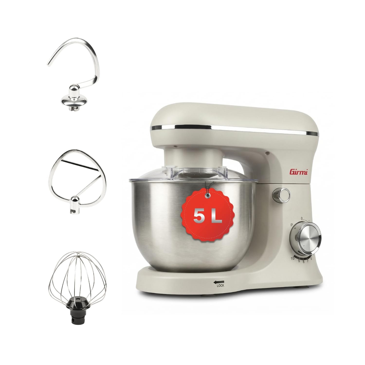 Girmi IM21W Impastatrice Planetaria 5L, 1500W Max, 10 Velocità+Pulse, Gesso | Ciotola inox e 10 velocità per lavorare impasti, creme e composti nelle preparazioni quotidiane