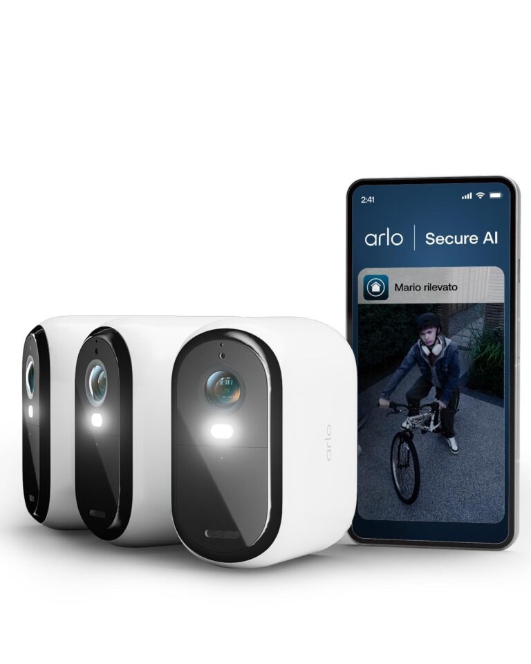 Arlo Essential 3 XL Telecamera WiFi Esterno Senza Fili, 2K, Telecamera WiFi Interno, Batteria Da 24 Mesi*, Sirena Allarme Casa, Sensore Di Movimento, Prova Inclusa Secure, 3 Telec…