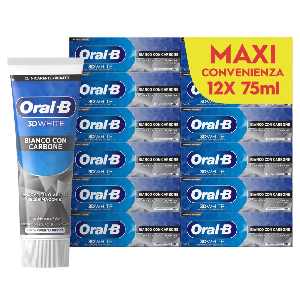 Oral-B Dentifricio Sbiancante 3D White con Carbone Denti Bianchi, 12x75 | Dentifricio 3D White Bianco con Carbone, Rimozione Macchie Superficiali, Sapore Fresca Menta Piperita, 12…