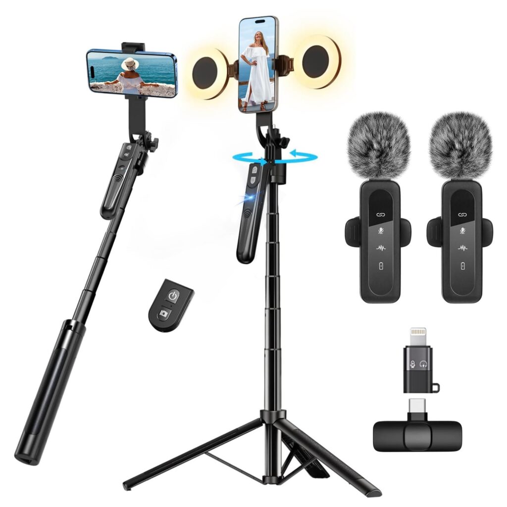 Creator di Contenuti per YouTube - Kit di Vlogging per iPhone/Android, Treppiede di Seguimento Facciale Automatico da 178 cm per iPhone con Luci e Microfoni Wireless, Kit di Avvio…
