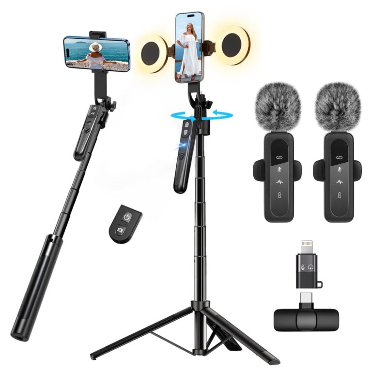Creator di Contenuti per YouTube - Kit di Vlogging per iPhone/Android, Treppiede di Seguimento Facciale Automatico da 178 cm per iPhone con Luci e Microfoni Wireless, Kit di Avvio…
