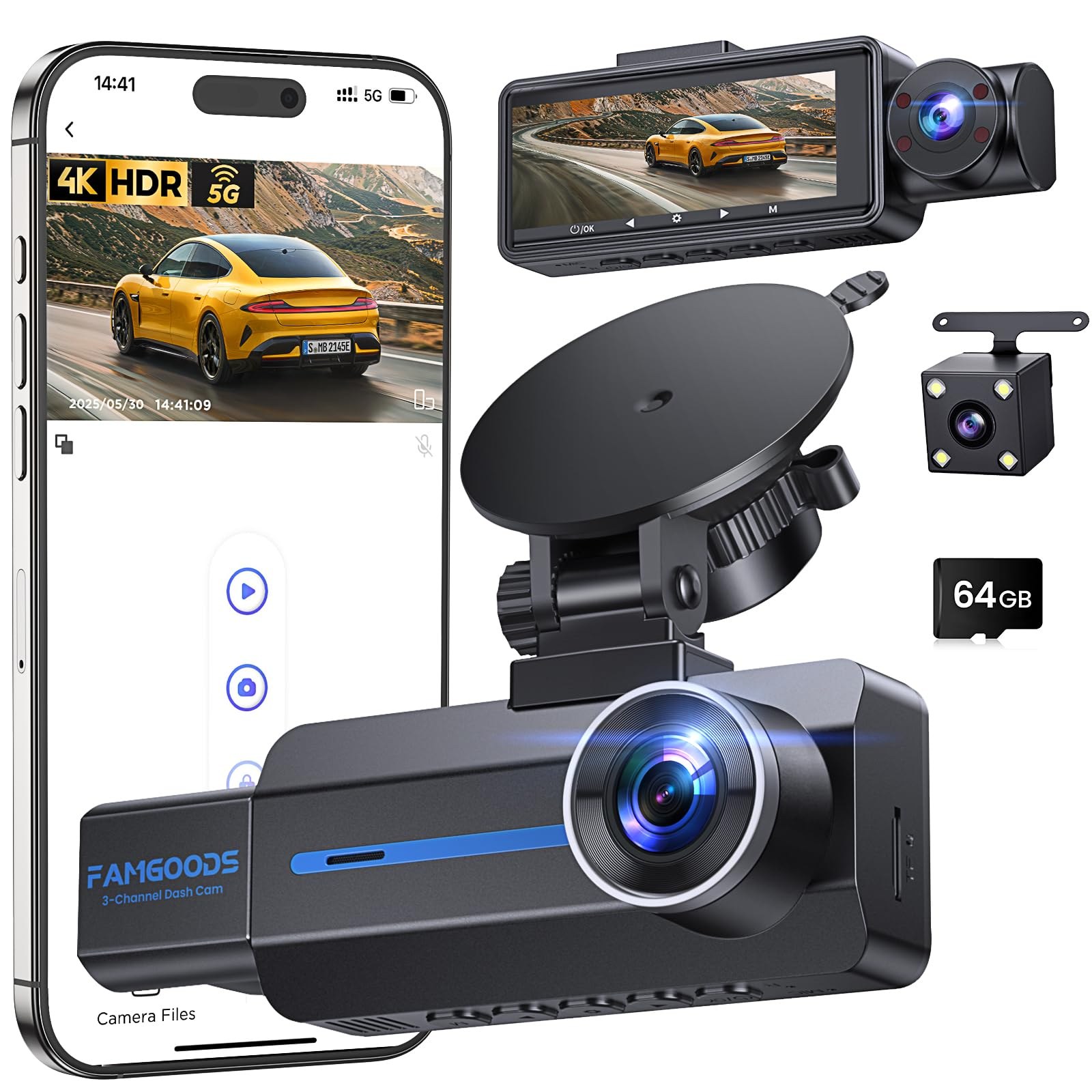 Famgoods Dash Cam Auto Fronte 4K, Retro, Interno, Dashcam Auto 360°, 3.16 "schermo IPS, scheda gratuita 64GB, Dashcam Auto 5GHz WiFi, APP, Visione Notturna Super, Sensore G, Regis…