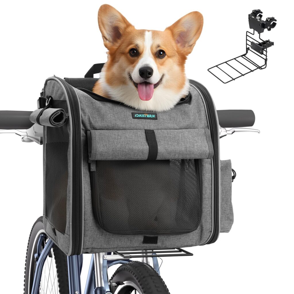 DAISTERN Cestino per bicicletta per cani anteriore, pieghevole e stabile, trasportino per animali 4 in 1 e zaino fino a 10 kg, supporto universale L (< 8 cm di larghezza), tenuta…