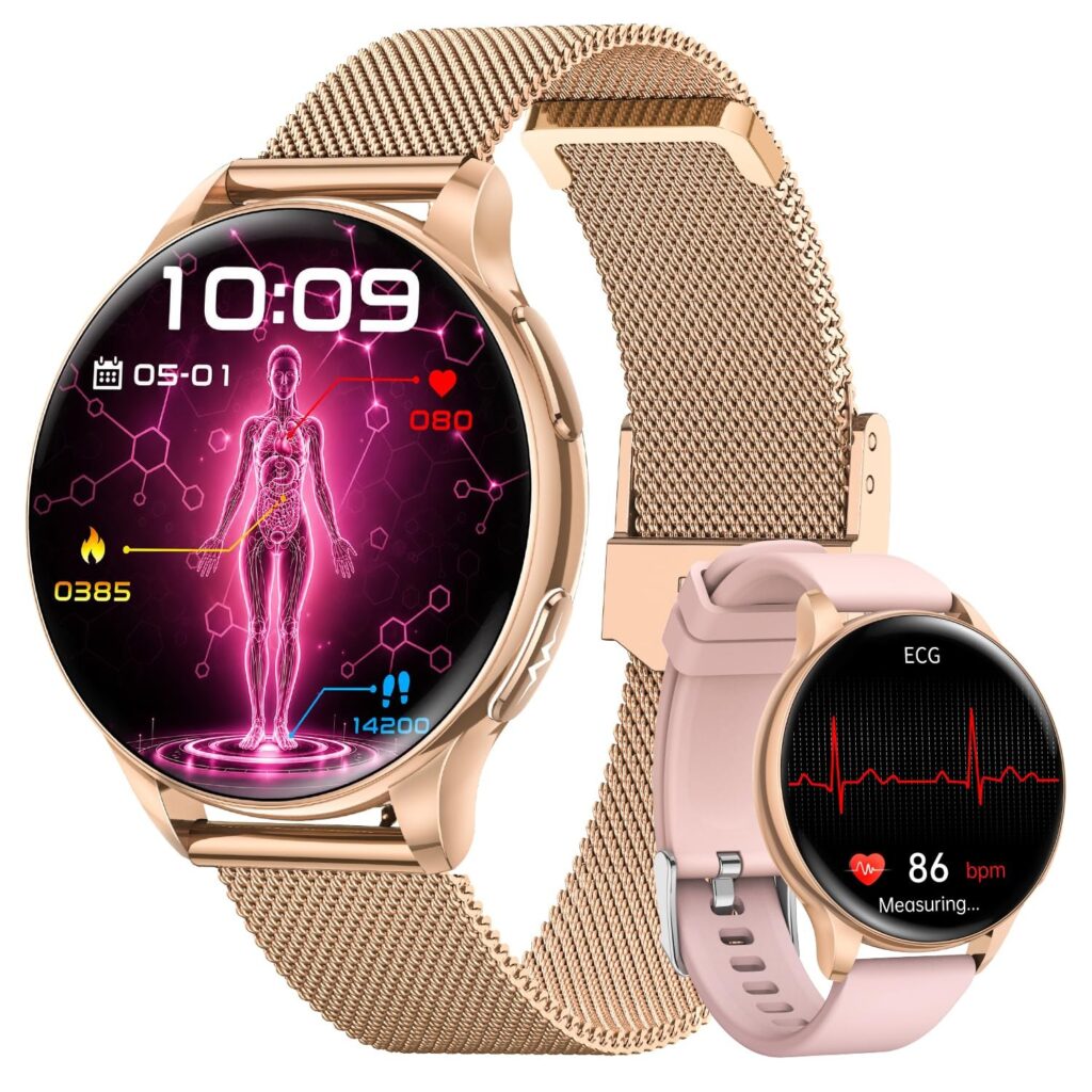 Smartwatch Donna ECG/HRV/BMI, Pressione Sanguigna, 1.32" AMOLED Screen Oro | 24/7 Frequenza Cardiaca, SpO2, Sonno, Fisiologia Feminile, Micro-Check Chiamate, 130+ Sport, Orologio…