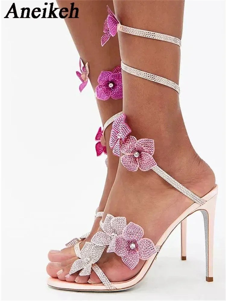 Aneikeh Sandali con cinturino alla caviglia a fascia stretta con fiore in CRISTALLO sexy Donna Tacchi alti sottili Street Style Pole Dancing Scarpe da donna